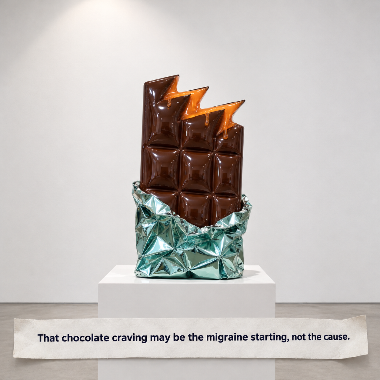Chocolate bar sculpture in teal foil with a lightning-bolt bite