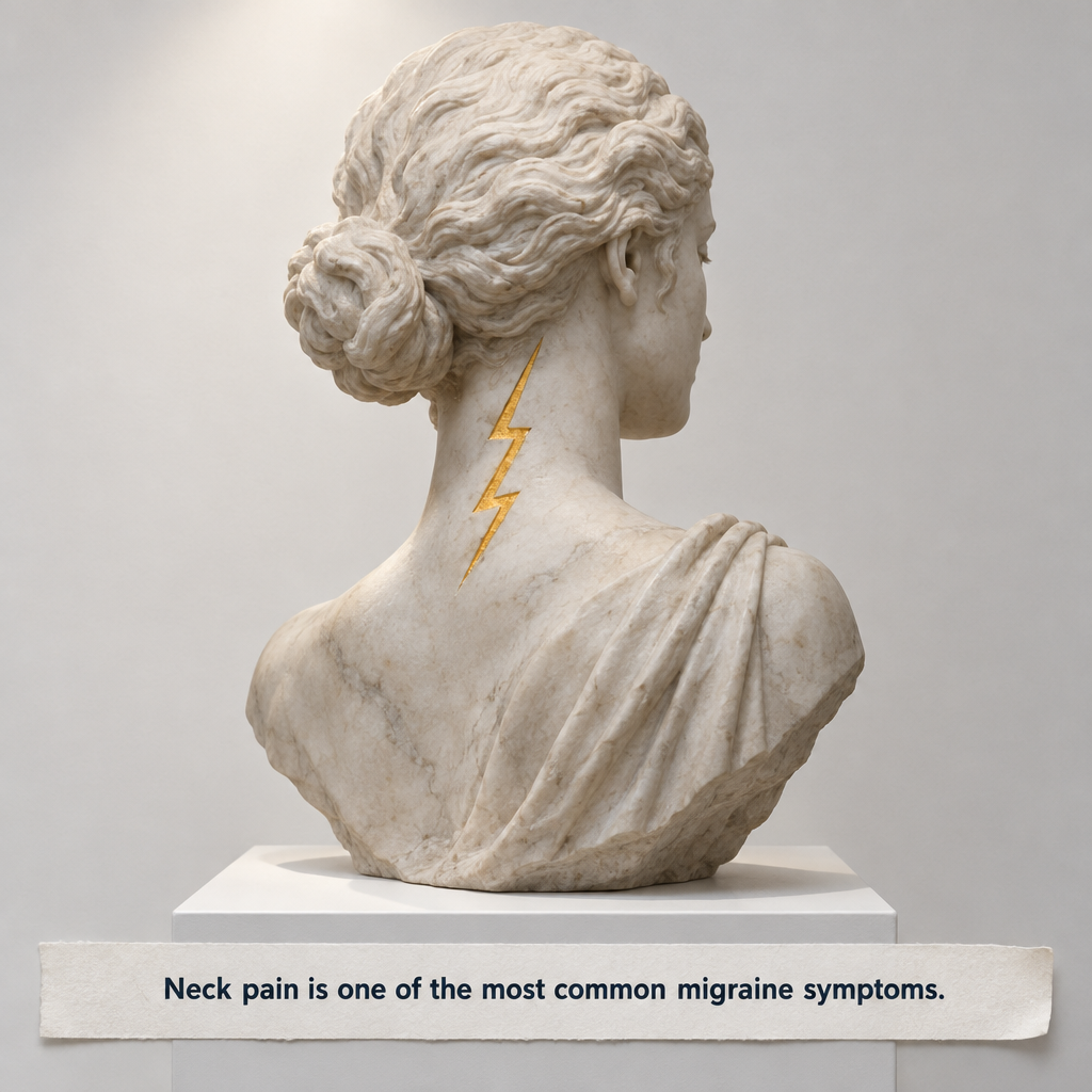 Marble bust seen from behind with a gold lightning bolt on the neck